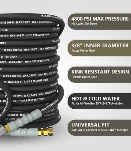 3/8" ID 4800PSI Pressure Washer Hose 200FT, Steel Wire Braided Hose Black - Image 2