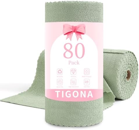 80 Pack Microfiber Cleaning Cloth Roll,Lint Free Rags & Tear Away Reusable Towels Washable Scratch,Ultra Absorbent Dish Rags(12" x 12") for Car Kitchen Home Garage-Green by Tigona