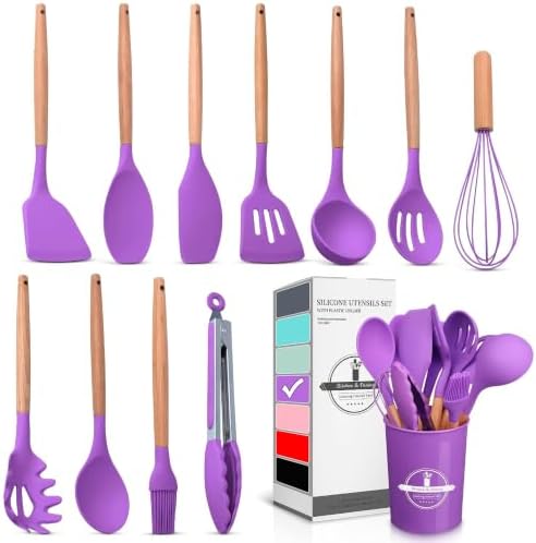 12 Pcs Purple Kitchen Accessories Set with Holder, Silicone Heads by V-TOWER