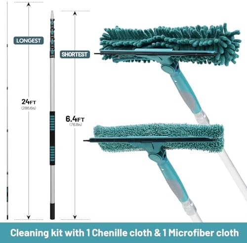 TelesPro 30 Feet High Reach Window Squeegee with 6-24 Ft Extension Pole, Window Cleaner Tool with 5-Stage Telescoping Pole, Window Cleaning Kit with Rotatable Head (2 Squeegee & 2 Microfibre Cloths) - Image 3