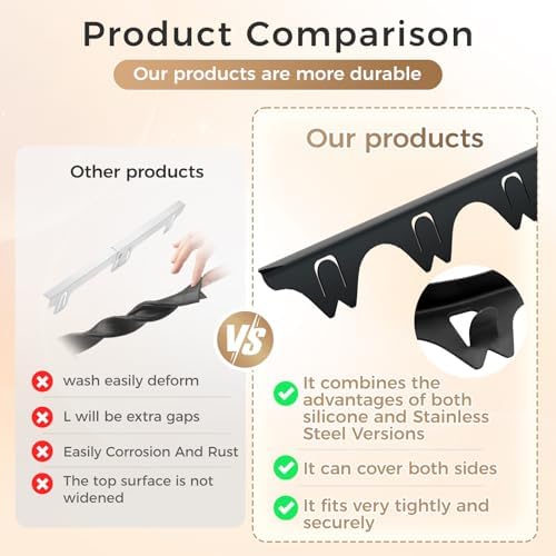 Silicone Stove Gap Covers with Stainless Steel, Oven Gap Filler Seals Gaps Between Stovetop and Counter, Stove Gap Guards Range Trim Kit, Easy to Clean Stove Gap Guard (Black 2 Pack,25") - Image 5
