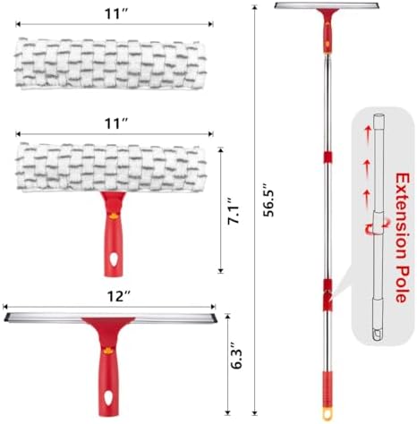 Squeegee for Window Cleaning, 12" Squeegee and 11" Microfiber Scrubber Combi with Stainless Steel Pole, Extendable Window Cleaner for Car, Sliding Door, Shower Glass Door-Swivel Style-2 Pads - Image 2