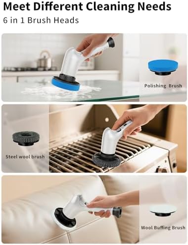 Electric Spin Scrubber, Cordless Household Cleaning Brush with 6 Replaceable Heads, 3 Speeds, LED Display, Lightweight Handheld Power Scrubber for Cleaning Stove/Bowl/Sink/Corner/Tile/Grout-White - Image 7