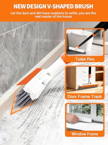 4-in-1 Baseboard Cleaning Tool with Extendable Handle 5 Reusable Pads 1 Carpet Rake Stiff Bristle Brush Multi-Surface Baseboard Brush for Cleaning Baseboard Wall Carpet Floor Bathroom Kitchen Pet Hair - Image 4