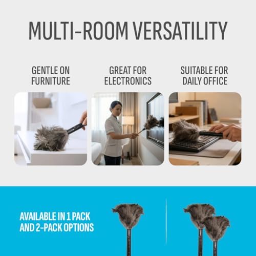 Retractable Feather Duster 8-14 in Adjustable - Natural Ostrich Feather Duster for Cleaning Ceiling Fans, Blinds, Plantation Shutters, Walls & Furniture - Quality Checked in USA - 2 Pack - Image 5