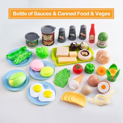 150Pcs Kitchen Playset, Toddlers Pretend Cooking Cookware Accessories, Food, Picnic Blanket, Fruits, Veges, 2Pack Shopping Storage Basket, Dessert and Prop Money, Gift for Kids (Blue) - Image 5