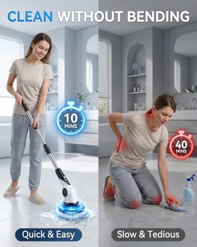 Electric Spin Scrubber, 3-Speed Shower Scrubber with Long Handle & 10 Replaceable Brush Heads, Cordless Shower Cleaner Brush with 90 Mins Runtime & Full-Body IPX7 Waterproof for Bathroom Kitchen - Image 3