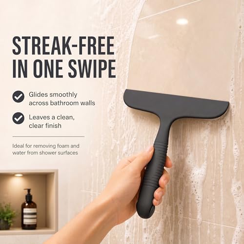 Shower Squeegee for Glass Doors, No-Drill Hanging Shower Door Cleaner for Glass,Silicone Bathroom Squeegee with Built-in Hook, Window, Mirror, Tile, Streak-Free Wiper, Black - Image 4