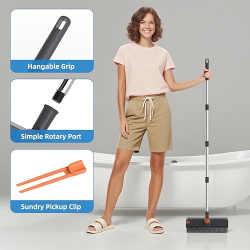 Floor Scrub Brush with Long Handle, 3 in 1 Scrape and Heavy-Duty Stiff Bristle Floor Scrubber Brush Broom with Squeegee and Tweezer for Cleaning Grey - Image 4