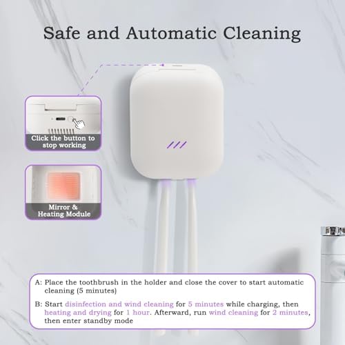 UV Toothbrush Sanitizer Holder, USB Rechargeable Bathroom Holder with Hidden Fan and Heat Drying, Wall Mount Travel Case for 2 Brushes, White - Image 3
