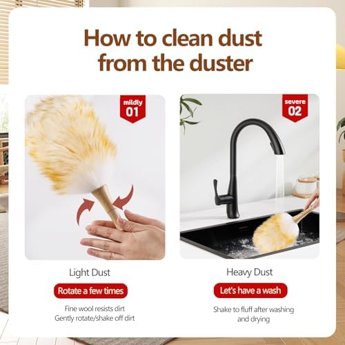 Lambswool Duster for Cleaning with Solid Wooden Handle Leather Hang Strap 14.9 inch Natural Feather Duster for Cleaning Ceiling Fans Window Blinds Computer Furniture(2 Pack) - Image 5