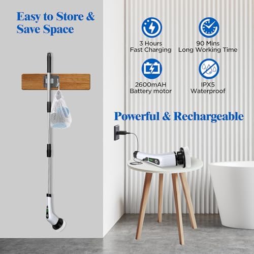 Electric Spin Scrubber, Cordless Bath Tub Power Scrubber with 8 Replaceable Drill Brush Heads, Shower Cleaning Brush with Adjustable Handle for Bathroom, Tile Floor & Car, White, (ANS-8050) - Image 4
