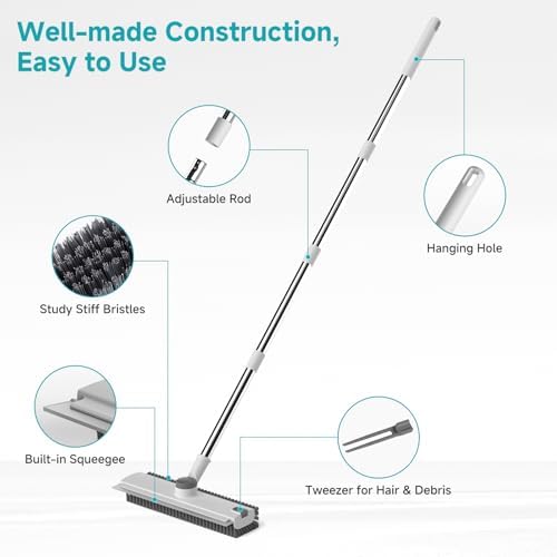 Floor Scrub Brush with Long Handle Length Adjustable, 3 in 1 Heavy-Duty Stiff 90° Bristle Floor Scrubber Broom with Squeegee, for Bathroom, Garage, Kitchen, Tile, Deck & Patio (White) - Image 5