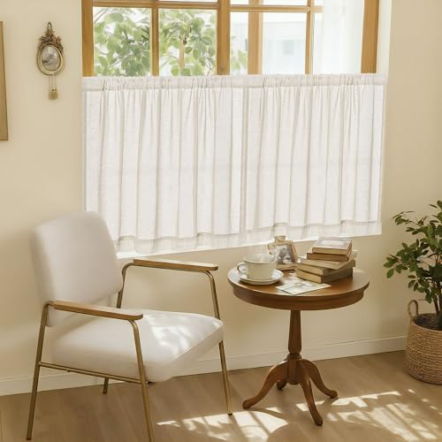 Beige Semi Sheer Linen Kitchen Curtains 24 Inch Length 2 Panels - Image 2