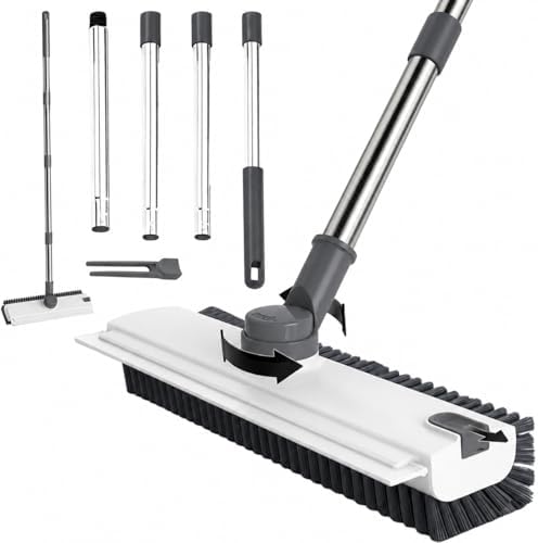 3 in 1 Floor Scrub Brush,Floor Scrubber with Squeegee and Tweezer, Push Broom with Long Handle,Heavy-Duty Stiff 90° Bristle Broom for Patio,Shower, Garage,Deck,Tile, Concrete & Wood Surface (White) by Unknown