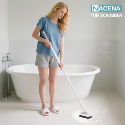 nacena Shower Scrubber with Long Handle, 4 in 1 Tile Tub Scrubber Brush with 3 Detachable Cleaning Heads and V-Shaped Grout Brush Shower Cleaner Brush for Bathroom Kitchen Toilet Tub Sink, Grey White - Image 7