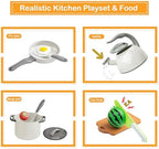90Pcs Kitchen Playset Accessories, Pretend Cooking with Pots, Pans, Cookware, Food, Fruit, Veges, Color Sorting Baskets, Prop Money, Learning Gift for Girls Boys Toddlers (White) - Image 4