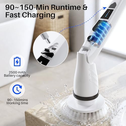 JOYMOOP Electric Spin Scrubber, Cordless Cleaning Brush 450 RPM with 100-Min Runtime, IPX7 Waterproof Power Scrubber with 8 Brush Heads, Adjustable Long Handle for Bathroom, Floor, Tile, Kitchen - Image 6