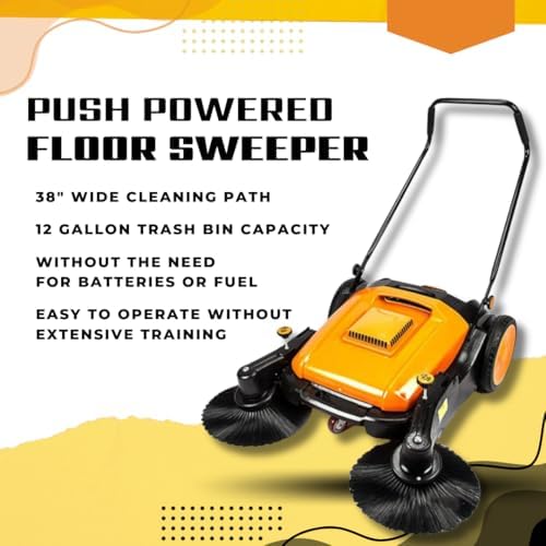 RT980S 38" Outdoor and Indoor Manual Push Floor Sweeper with Triple Brushes, 12-gal Waste Container, 38,000 Square Feet per Hour, Walk-Behind Industrial and Commercial Floor Sweeper - Image 2