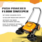 RT980S 38" Outdoor and Indoor Manual Push Floor Sweeper with Triple Brushes, 12-gal Waste Container, 38,000 Square Feet per Hour, Walk-Behind Industrial and Commercial Floor Sweeper - Image 2