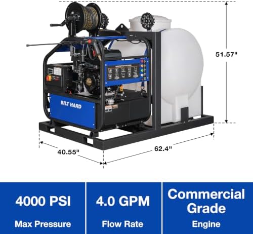 BILT HARD 4000 PSI 4 GPM Hot Water Pressure Washer with 171 Gal Water Tank, 420cc 15HP Gas Engine, Electric Start Skid Mounted Gas Powered Washer with Hose Reel, 49-State Certified - Image 2