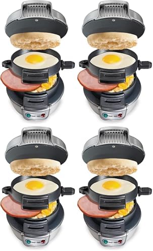 Hamilton Beach Breakfast Sandwich Maker with Egg Cooker Ring,Customize Ingredients,Perfect for English Muffins,Croissants,Mini Waffles,Perfect White Elephant Gifts,Silver (25475),(Pack of 4) by HamiltonBeach