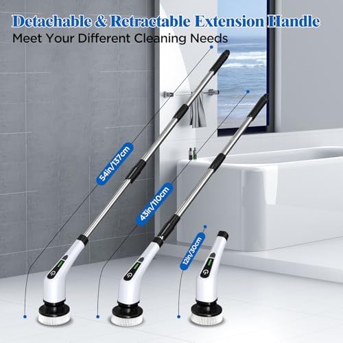 Electric Spin Scrubber, Cordless Bath Tub Power Scrubber with 8 Replaceable Drill Brush Heads, Shower Cleaning Brush with Adjustable Handle for Bathroom, Tile Floor & Car, White, (ANS-8050) - Image 3