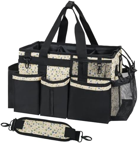 SCAVATA Wearable Cleaning Caddy, Cleaning Caddy Supplies Organizer with Handle & Shoulder Straps for Housekeepers, Under Sink & Car Cleaning Tool Organizers Bag with 4 Foldable Divider (YellowFlower) by Tidyyourlife