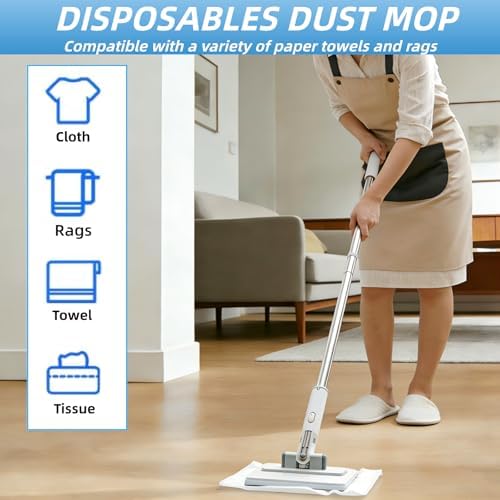 2 in 1 Disposable Dust Mop with 3 Shiny Towels Wipes Cleaning Cloths, 360° Rotating Snap Grip Mini Mop with Automatic Cloth Changing, Wall Cleaning Tool for Window Glass Wall Floor (White) - Image 2