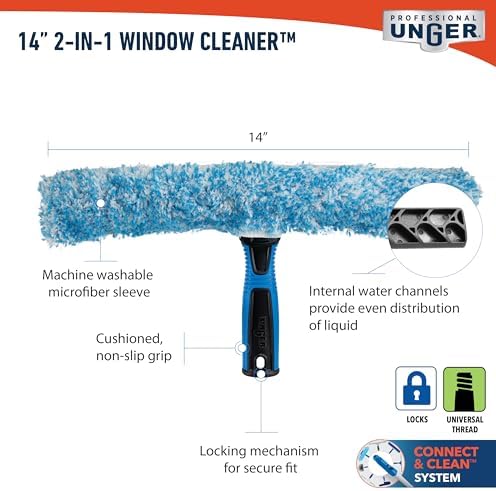 Unger Professional Connect and Clean 2-in-1 Squeegee and Scrubber, 14” Window Cleaning Tool, Essential Glass Cleaner for Commercial and Residential Use, Reusable Microfiber Sleeve, Streak-Free Results - Image 6