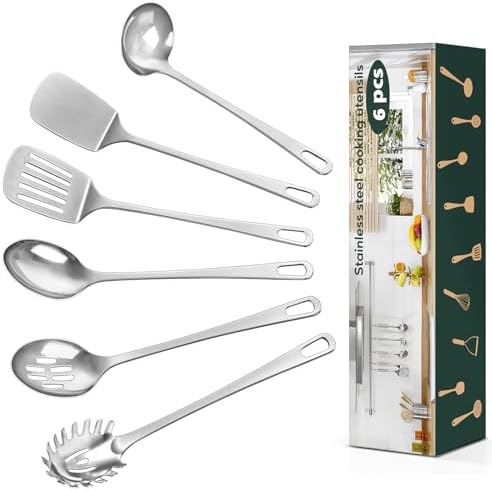 6 Pcs Cooking Utensils Set, Stainless Steel Kitchen Utensils, Heat Resistant Metal Kitchen Tools Include Solid & Slotted Turner Wok Spatula, Serving Spoon, Ladle, Pasta Server, Easy to Clean, Silver by Unknown
