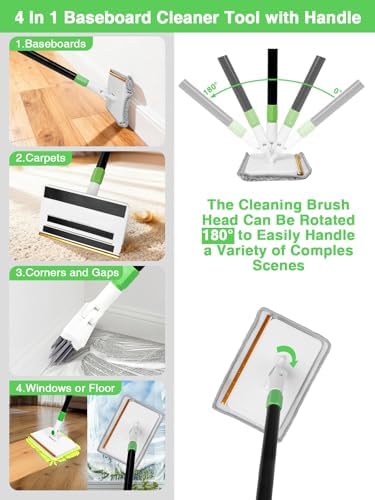 4-in-1 Baseboard Cleaning Tool with Handle 5 Reusable Pads 1 Stiff Bristle Brush Carpet Rake for Pet Hair Removal Baseboard Cleaner Carpet Windows Wall Floor Bathroom Kitchen - Image 3