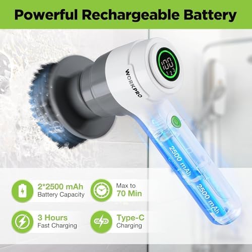 WORKPRO 8V Cordless Spin Scrubber, 6 Replaceable Brush Heads & 3 Speeds - Image 3