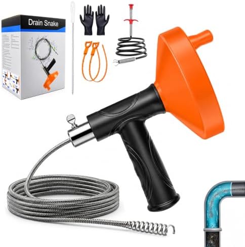 33 FT Drain Snake Auger, Plumbing Snake Drain Hair Clog Removal Tool, Sink Unclogger Drain, Heavy Duty Drum Auger, Cleaner Tool for Bathroom Kitchen Tub Shower Drain Clog Remover with Gloves by Unknown