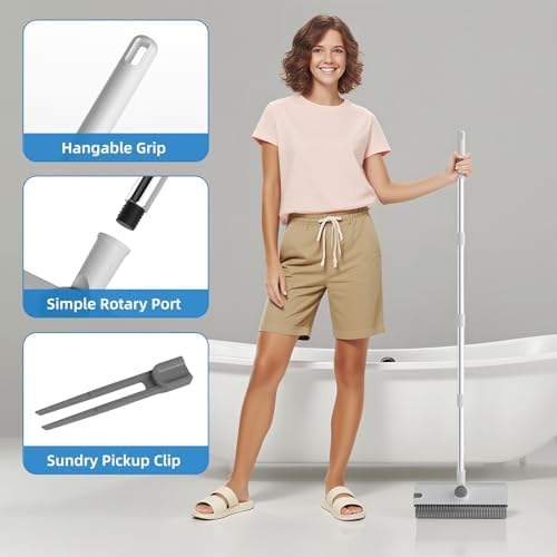 Floor Scrub Brush with Long Handle, 3 in 1 Scrape and Heavy-Duty Stiff Bristle Floor Scrubber Brush Broom with Squeegee and Tweezer for Cleaning White - Image 4