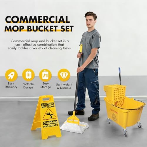 KULED Commercial Mop Bucket with 2 Mop Heads and Caution Sign, 38 Quart - Image 2