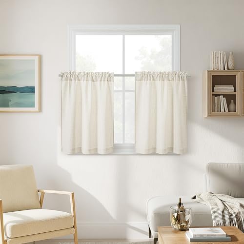 Natural Linen Cafe Short Curtains 30 Inch Length 2 Panels Semi Sheer by DUKIYO