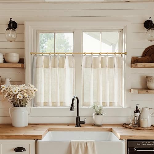 jinchan Linen Pinch Pleated Back Tab Tier Curtains, 26x30, Natural by JINCHAN