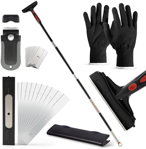 Gomake Extendable Floor Scraper Heavy Duty 6" Wide Razor Blade Scraper Tool with 17‘’-59" （1.4ft- 4.9ft）Long Handle, 10PCS Extra Metal Blades for Cleaning Glass Wall Gum Paint Tile Glue by Gomake