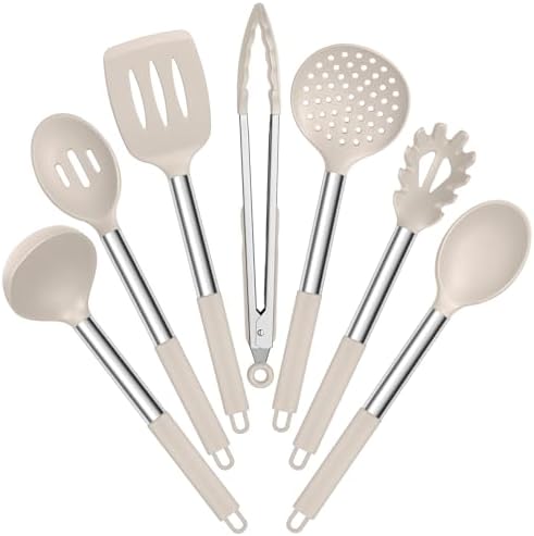E-far Silicone Cooking Utensils Set, 7-Piece Khaki Kitchen Utensils Set by E-far