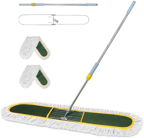 48-Inch Commercial Dust Mop for Hardwood Floors, Large Dry Mop with 2 Pcs Reusable Cotton Yarn Head, Telescopic Stainless Steel Handle - Ideal for Industrial Floor Cleaning, Marble, by SOLIPECT