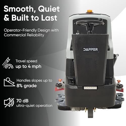 Battery Powered Ride-On Commercial Floor Scrubber Machine, 30" Brush, 39" Squeegee Width, 24 gal Solution Tank, 25 gal Recovery Tank, 5 hr Use 8 hr Charge, 180 RPM, 52,000 Sqft/H, Batteries Included - Image 2