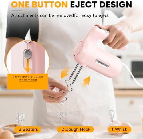Lord Eagle 5-Speed Small Hand Mixer Electric, 300W Compact Portable, Pink - Image 4