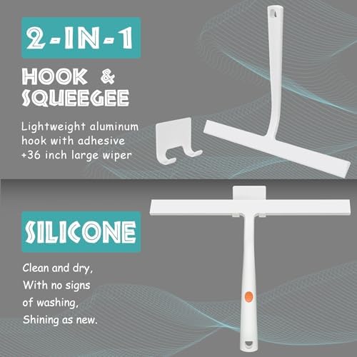 Squeegee for Shower Door 14 Inch Wide Blade, 11 Inch Short Handle One-Piece Silicone with Stainless Steel Core, Non-Slip Grip Window Squeegee for Bathroom Mirror Car Windshield, Aluminum Hook (White) - Image 4
