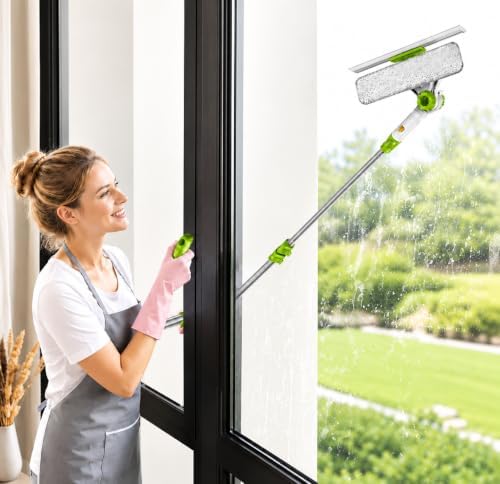 ORIXA U Shaped Window Cleaner for Outside Windows, Extendable Telescopic Pole with Rotatable Squeegee Head, Clean Exterior Glass from Inside, 2 Reusable Microfiber Cloths by ORIXA