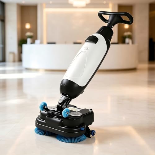 17" Commercial Tiles Floor Scrubber Machine, 43cm Double Brush Walk,Battery Powered Walk Behind Automatic Floor Scrubber Machine, for Home, Office & Bathroom White by Unknown