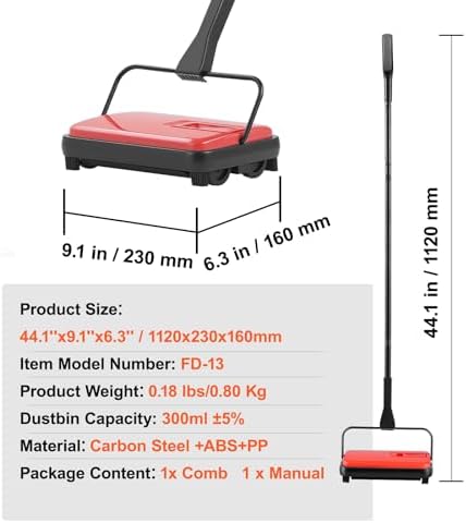 VEVOR Carpet Sweeper Manual, Floor Sweeper with 300 ml Dustbin Capacity Easy to Empty, 6.7 inch Cleaning Width for Home Office Carpets Pet Hair Dust, Red - Image 7