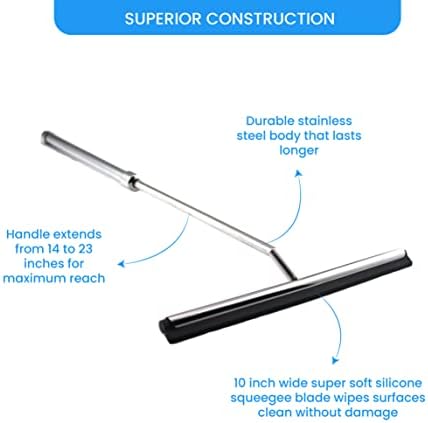 Shower Squeegee with Long Handle and Adhesive Hook. for Glass Doors, Tile Walls, Mirrors and Windows. Telescoping Squeegee for Cleaning. Bathroom Stainless Steel Squeegee, 10inch Wide, Chrome – 1pk - Image 5