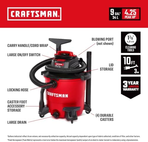 CRAFTSMAN CMXEVBE17590 9 Gallon 4.25 Peak HP Wet Dry Shop Vacuum - Image 2