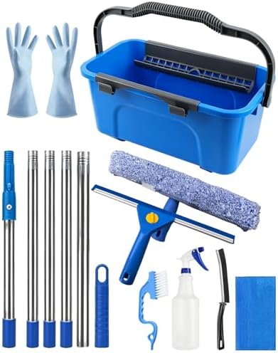 Window Cleaning Kit with Storage Bucket, Squeegee Cleaner Tool with Extension Pole, Glass Cleaning Tools Set with Spray Bottle, Brush, Scrubber, Gap Brush & Gloves for Window Shower Mirror Car by Unknown